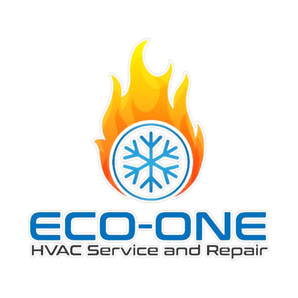 Eco-One HVAC Service and Repair logo featuring a blue snowflake encased in a black circle, surrounded by orange and yellow flames, with bold blue and white text on a black background.