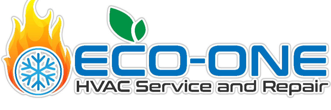 Eco-One HVAC Service and Repair logo featuring a blue snowflake encased in a black circle, surrounded by orange and yellow flames, with bold blue and white text on a clear background.