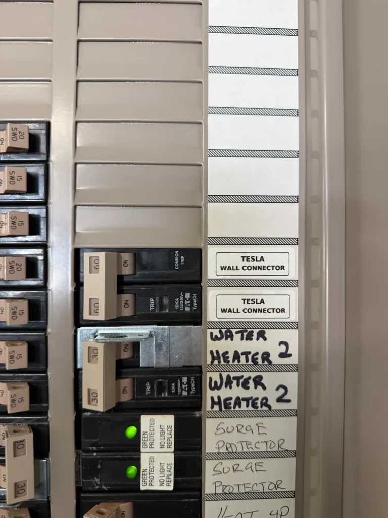 Electrical panel with a labeled Tesla Wall Connector circuit and surge protection indicators